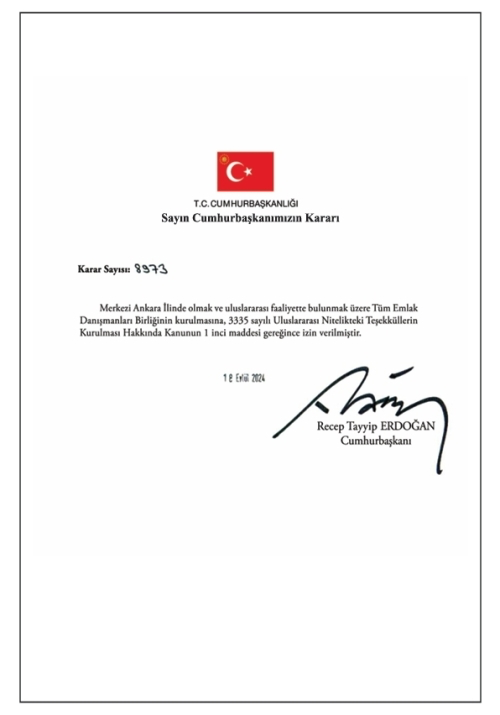 T.C. Cumhurbaşkanlığı Karar Sayısı 8373 — Tüm Emlak Danışmanları Birliği Kuruluş İzni